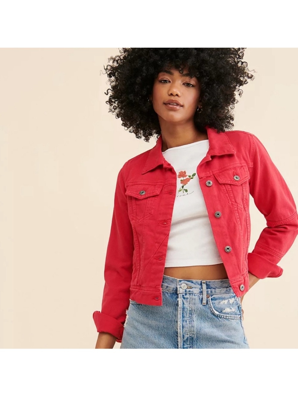 We The Free Rumors Red Denim Pockets Button Closure Jacket Boho Classic Timeless
